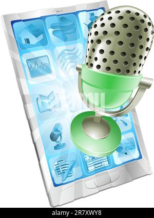 A microphone flying out of phone screen. Concept for anything relating to online or computer recordings or music Stock Vector