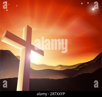 Sun rising behind the Cross over a mountain range. Resurrection Christian Easter concept Stock Vector