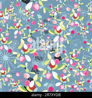 seamless pattern with colorful shrubs and berries on a blue gray background Stock Vector