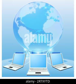 Laptop computers connected via world globe network internet computing concept Stock Vector