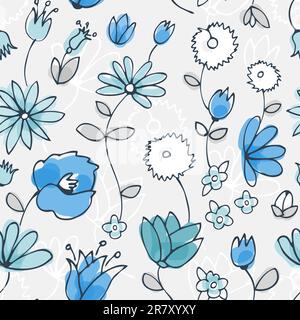 Seamless background from blue white green flowers and leafs Stock Vector