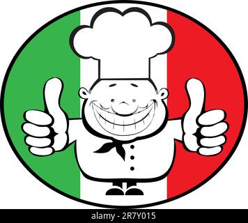 Cartoon smiling chef showing thumbs up on italian flag background. Separate layers Stock Vector