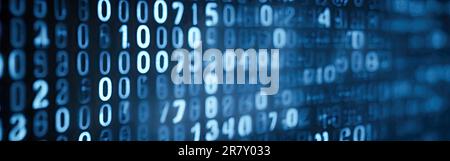 Blue digital binary data code on screen. Abstract tech binary code background in color blue, digital binary data and secure data concept. Close-up sha Stock Photo