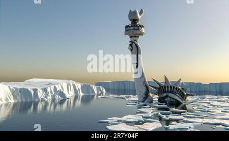 Frozen Statue of Liberty in ice in New York as symbol of global warming and problem climate change. Statue of liberty flooded, under water. Global war Stock Photo