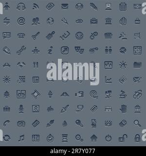 A set of 100 embossed style web icons for all your internet, interface or app needs Stock Vector