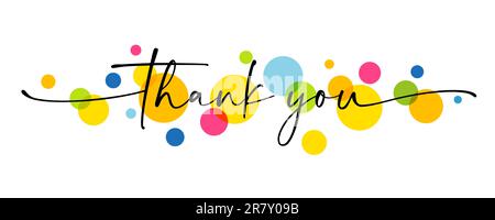 Thank you text handwritten with swirl ribbons and colored circles. Vector phrase design for card or banner Stock Vector