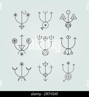 Set of 9 Sigil Symbols Line Icons Mystical Magical Artwork Drawing Black and White Stock Vector