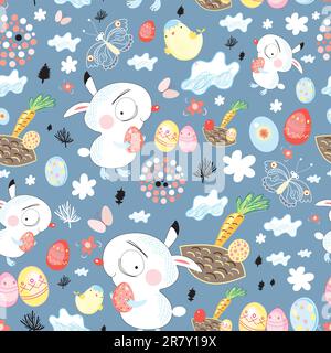 Seamless Easter pattern of rabbits on a blue background with clouds and eggs Stock Vector