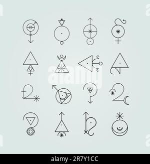 Set of 16 Sigil Symbols Line Icons Mystical Magical Artwork Drawing Black and White Stock Vector