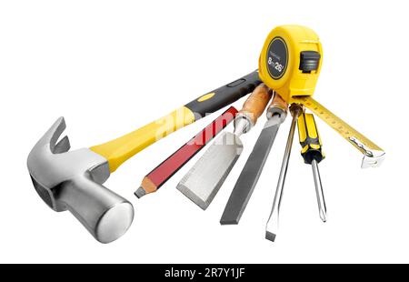 Group of carpentry tools isolated on white background Stock Photo