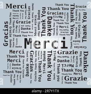 Thank You Word Cloud in Different Languages - 5 Languages, English, French, German, Spanish and Italian Stock Vector