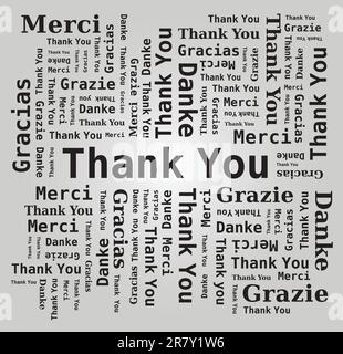 Thank You Word Cloud in Different Languages - 5 Languages, English, French, German, Spanish and Italian Stock Vector