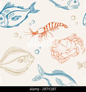 vector seamless pattern with fish, crab and shrimp Stock Vector