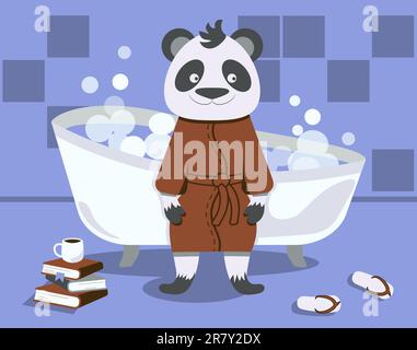 Self-care interior illustration with panda washing in bathroom with foam and bubbles Stock Vector