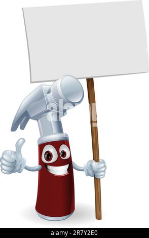 Illustration of a cartoon hammer man holding up a sign Stock Vector