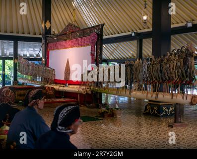 Yogyakarta, Indonesia - June 1, 2023: Wayang kulit or shadow puppets show in Yogyakarta Palace, Indonesia Stock Photo