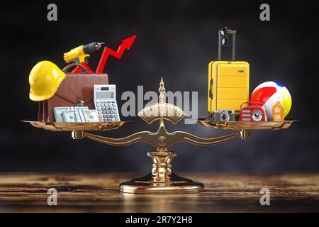 Work and play  balance, time and money menedgment concept. Scales with work accessoires on one side and travel and relax on other.  3d illustration Stock Photo