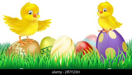 Two cute happy little yellow Easter chicks on top of colorful decorated Easter eggs Stock Vector