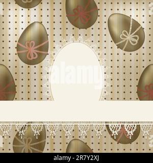 vector vintage easter greeting card: white lacy napkin on  seamless pattern with olden eggs and dots Stock Vector