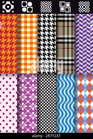 seamless fashion fabric patterns, vector set Stock Vector
