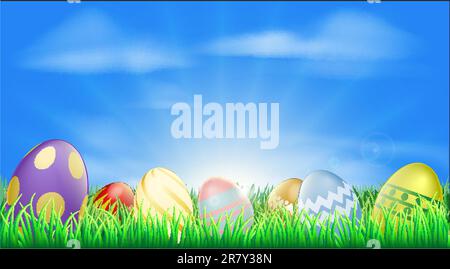 Bright Easter eggs background with pretty decorated Easter eggs in the grass Stock Vector