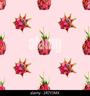 Light Pink pitaya dragon fruits simple seamless pattern with watercolor pitahaya drawings. Botanical tropical background Stock Photo