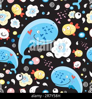 seamless pattern with striking whales and fish on a black background with flowers Stock Vector