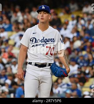 LOS ANGELES, CA - JUNE 17: Los Angeles Dodgers pitcher Bobby Miller (70)  looks on during the MLB game between the San Francisco Giants and the Los  Angeles Dodgers on June 17