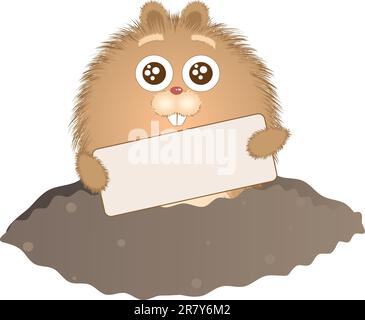Little groundhog peeps out of his hole with a sign in his hands. Vector illustration. Stock Vector