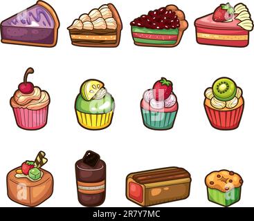 cartoon cake icons set Stock Vector