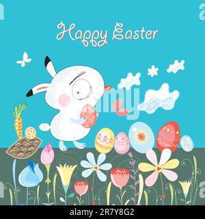 Graphic little Easter Bunny on a blue background with flowers and eggs Stock Vector