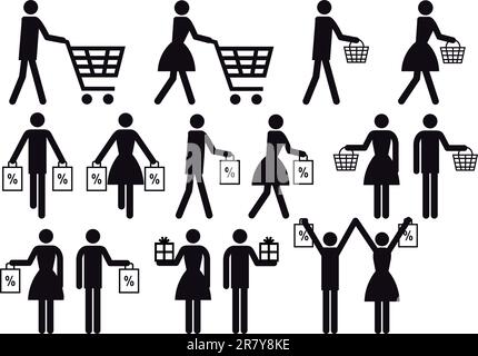 people with shopping cart and bag, vector icon set Stock Vector