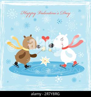 fun loving teddy bear on a blue background with snowflakes Stock Vector