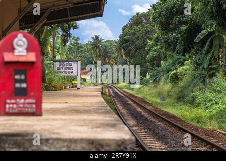 The Mirissa railway station, situated approx 3 km outside from the village, to reach by foot or with Tuk-Tuk. The station is used only by short Stock Photo