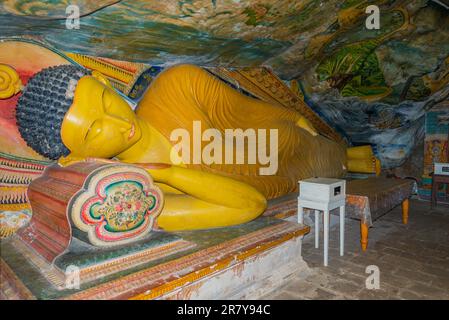 Buddha figures in the 1500-year-old and most important cultural-historical temple of the region Tangalle, the Mulkirigala Raja Maha Vihara. The Stock Photo