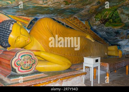 Buddha figures in the 1500-year-old and most important cultural-historical temple of the region Tangalle, the Mulkirigala Raja Maha Vihara. The Stock Photo