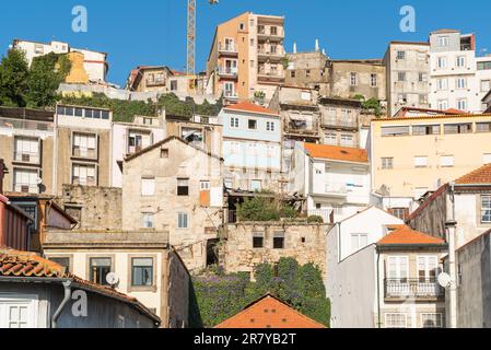 Typical old townhouses of Portuguese architectural style in the hillside of the Miragaia district of Porto Stock Photo