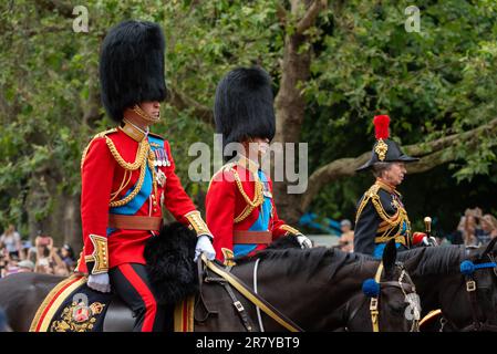 Royal Colonels at Trooping the Colour in The Mall, London, UK. Prince William, Prince Edward and Anne, Princess Royal on horseback Stock Photo