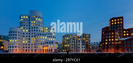 Night view of the Neue Zollhof in Duesseldorf, Germany Stock Photo