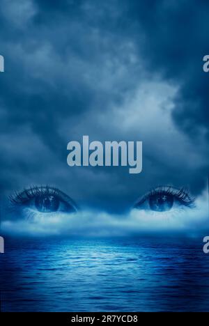 woman eyes inside a cloudy sky over the calm sea Stock Photo