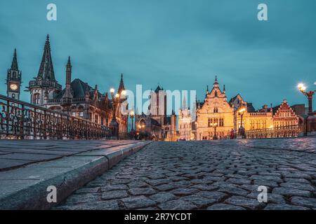 The St. Michael Bridge in Ghent at night, Belgium Stock Photo