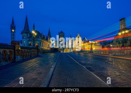 The St. Michael Bridge in Ghent at night, Belgium Stock Photo