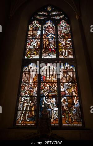 Assassination and funeral of regent Moray, stained glass window (1881) in St Giles Cathedral interior in city of Edinburgh, Scotland, UK. Stock Photo