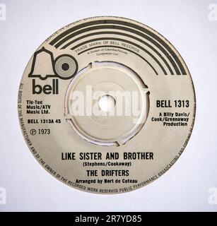 Centre label of the seven inch single version of Like Sister and Brother by The Drifters, which was released in 1973 Stock Photo