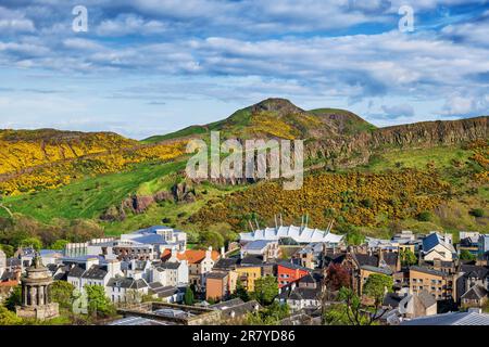 City of Edinburgh in Scotland, UK. Cityscape with view to the Arthur's Seat in Holyrood Park. Stock Photo