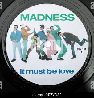 Centre label of the seven inch single version of It Must Be Love by Madness, which was released in 1981 Stock Photo