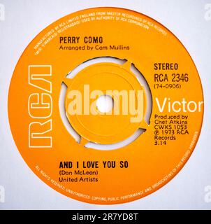 Centre label of the seven inch single version of And I Love You So by Perry Como, which was released in 1973 Stock Photo