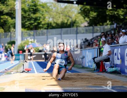 Ratingen, Germany. 17th June, 2023. Athletics: all-around meeting. Jorge Ureña, Spain, Decathlon, Long Jump. Credit: Thomas Banneyer/dpa/Alamy Live News Stock Photo