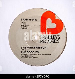 Centre label of the seven inch single version of The Funky Gibbon by The Goodies, which was released in 1975 Stock Photo