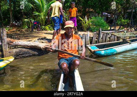 Sri Lankan canoeist, fisherman and guide with an outrigger canoe, shows tourists the attractions of the Hikkaduwa lake Stock Photo
